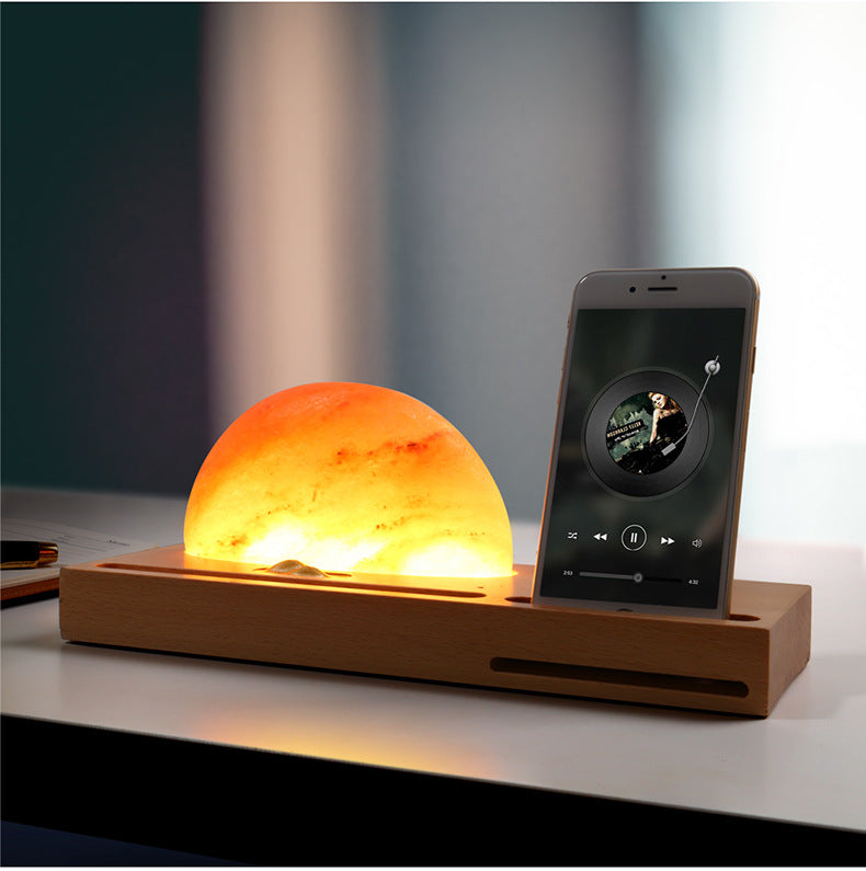 Sunrise Oriental LED Gift Table Lamp Salt Lamp With Mobile Phone Wireless Charging Solid Wood Base Mineral Salt Lamp Shade