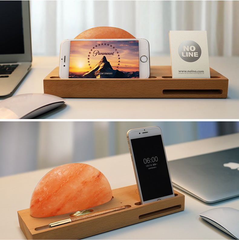 Sunrise Oriental LED Gift Table Lamp Salt Lamp With Mobile Phone Wireless Charging Solid Wood Base Mineral Salt Lamp Shade